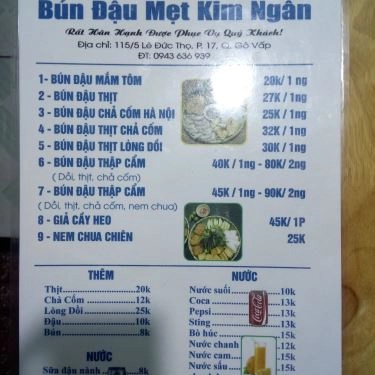 Thực đơn- Quán Ăn Kim Ngân - Bún Đậu Mắm Tôm
