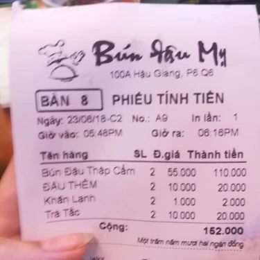 Thực đơn- Quán Ăn Bún Đậu Mỵ - Hậu Giang