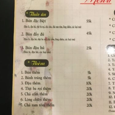 Thực đơn- Quán Ăn Bún Đậu Nia - Thống Nhất