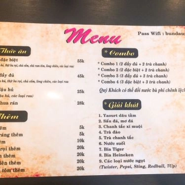 Thực đơn- Quán Ăn Bún Đậu Nia - Thống Nhất
