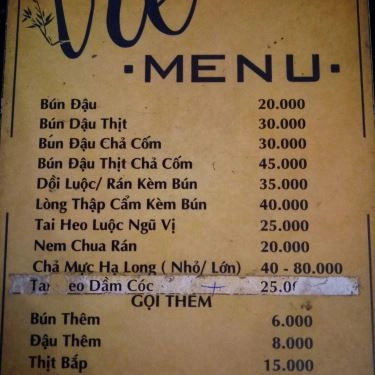 Thực đơn- Quán Ăn Bún Đậu Tre - Đồng Đen