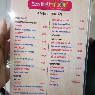 Thực đơn- Quán Ăn Món Huế Mỹ Sơn - Bún Bò Giò Heo