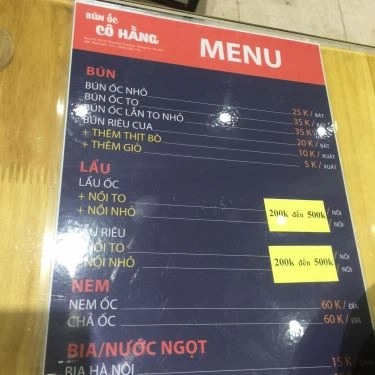 Thực đơn- Quán Ăn Bún Ốc Cô Hằng - Khương Thượng