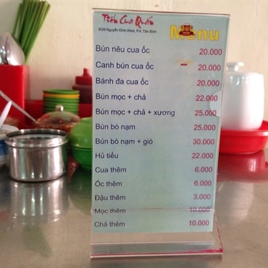 Thực đơn- Quán Ăn Bún Riêu Cua Đồng - Tiến Cua Quán