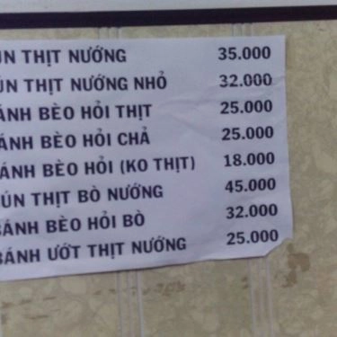 Thực đơn- Quán Ăn Bún Thịt Nướng - Hoàng Văn Thụ