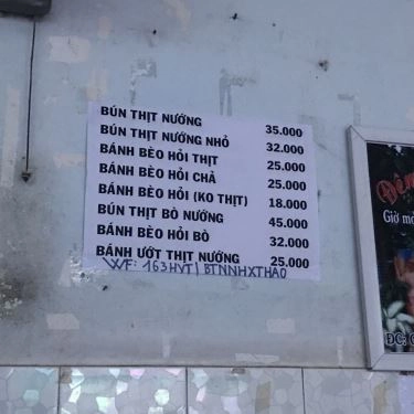 Thực đơn- Quán Ăn Bún Thịt Nướng - Hoàng Văn Thụ