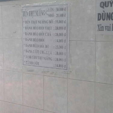 Thực đơn- Quán Ăn Bún Thịt Nướng - Hoàng Văn Thụ