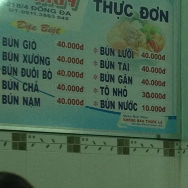 Thực đơn- Quán Ăn Bún Bò Bà Thủy