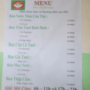 Thực đơn- Quán Ăn Bún Tươi Việt