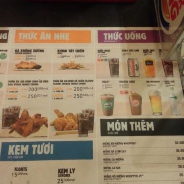 Thực đơn- Nhà Hàng Burger King - Thảo Điền