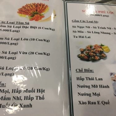 Thực đơn- Quán Ăn Hải Sản Phú Lộc
