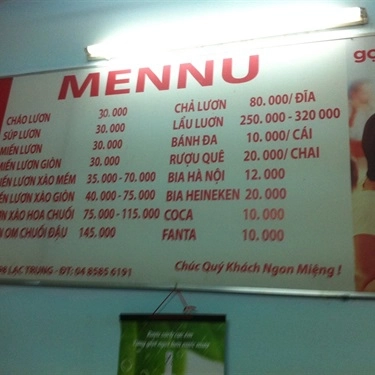 Thực đơn- Quán Ăn Cá Gỗ - Lươn Nghệ An