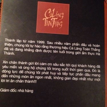 Thực đơn- Nhà Hàng Cá Lăng Toàn Thắng