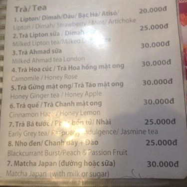 Thực đơn- Quán Ăn Cafe Văn Miếu - Nguyễn Khuyến