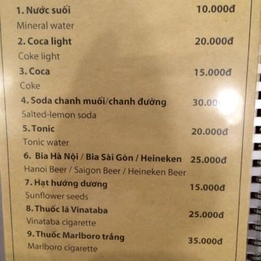 Thực đơn- Quán Ăn Cafe Văn Miếu - Nguyễn Khuyến