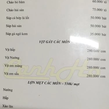 Thực đơn- Nhà Hàng Vườn Bia Cảnh Hồ