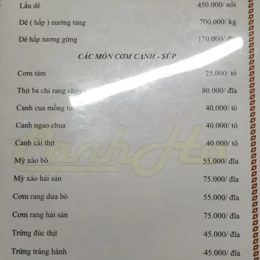 Thực đơn- Nhà Hàng Vườn Bia Cảnh Hồ