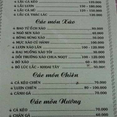 Thực đơn- Quán Ăn Cánh Đồng Sen - Câu Cá Giải Trí