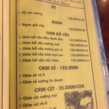 Thực đơn- Quán Ăn Cây Dừa II - Đặc Sản Vùng Miền