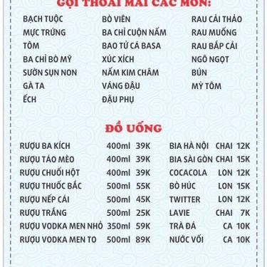 Thực đơn- Quán Ăn Cây Thông - Buffet Lẩu