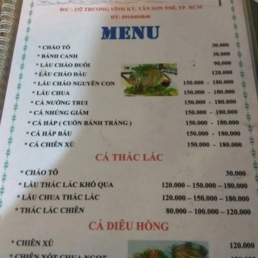 Thực đơn- Quán Ăn Cháo Cá Miền Tây - Trương Vĩnh Ký