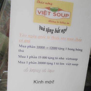 Thực đơn- Quán Ăn Cháo Dinh Dưỡng Việt Soup - Khu Phố 2