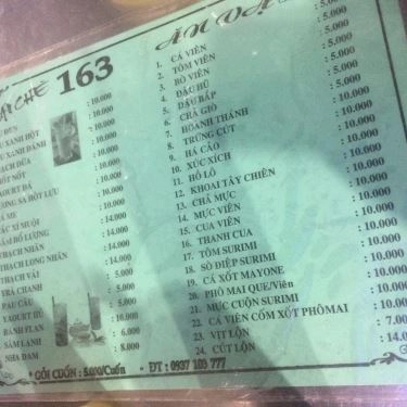 Thực đơn- Quán Ăn Chè 163 - Tô Hiến Thành