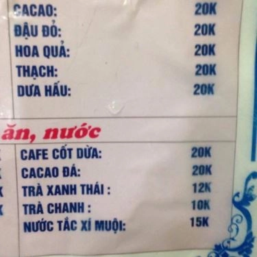 Thực đơn- Quán Ăn Chè 219 - Khâm Thiên