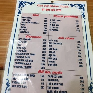 Thực đơn- Quán Ăn Chè 219 - Khâm Thiên