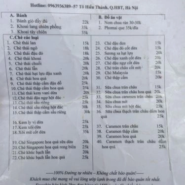 Thực đơn- Quán Ăn Chè Bun - Tô Hiến Thành