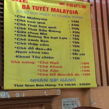 Thực đơn- Quán Ăn Chè Malaysia Bà Tuyết