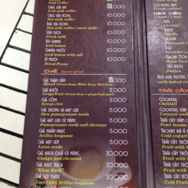 Thực đơn- Quán Ăn Chè Nguyên Hương - Sư Vạn Hạnh