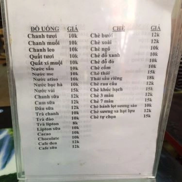 Thực đơn- Quán Ăn Chè Sài Gòn - ĐH Hà Nội