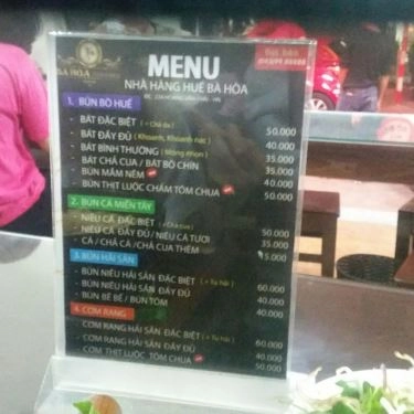 Thực đơn- Quán Ăn Bà Hòa - Bún Cá Miền Tây & Bún Bò Huế