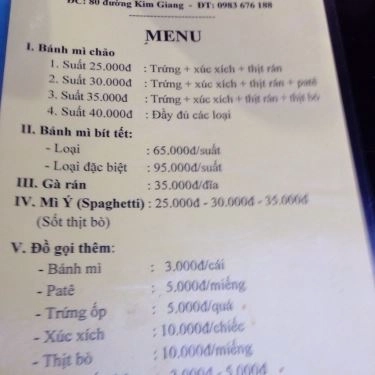 Thực đơn- Quán Ăn Bánh Mì Chảo Mario - Kim Giang