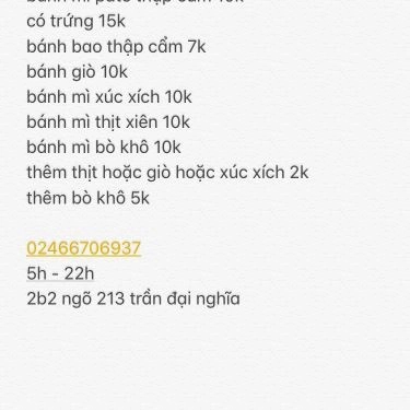 Thực đơn- Quán Ăn Bánh Mì Ông Già - Ngõ Tự Do