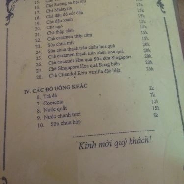 Thực đơn- Quán Ăn Chè Bun - ĐH Hà Nội