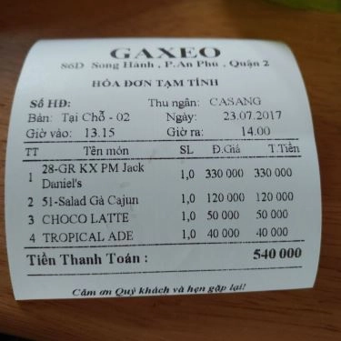 Thực đơn- Quán Ăn GAXEO Chicken - Beer & BBQ - The Vista An Phú