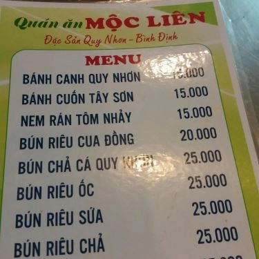 Thực đơn- Quán Ăn Mộc Liên - Bún Riêu Cua Đồng & Bún Bắp Bò