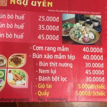 Thực đơn- Quán Ăn Ngự Uyển - Bún Bò Huế