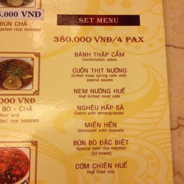 Thực đơn- Rất Huế - Nhà Hàng Cafe - Lê Thánh Tôn