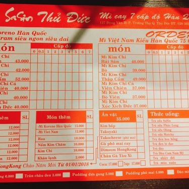 Thực đơn- Quán Ăn SaSin - Mì Cay 7 Cấp Độ Hàn Quốc - Đặng Văn Bi