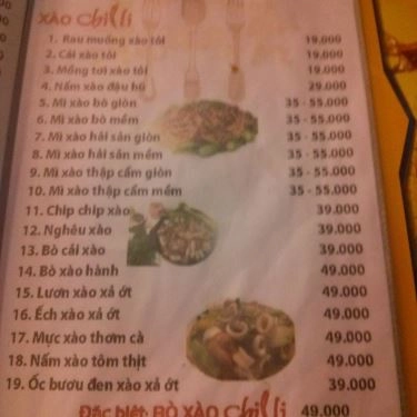 Thực đơn- Quán Ăn Chilli Quán - Hoàng Hoa Thám