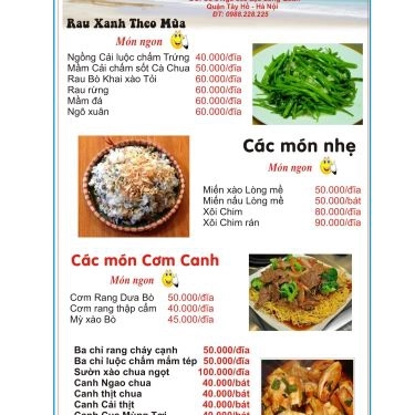 Thực đơn- Nhà Hàng Chim Trời Quán - Lạc Long Quân