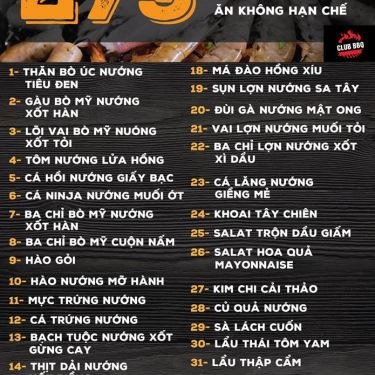 Thực đơn- Quán Ăn CLUB BBQ - Nướng Lẩu Không Khói