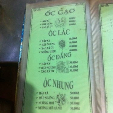 Thực đơn- Quán Ăn Cô Bảy - Các Loại Ốc Bình Dân