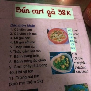 Thực đơn- Quán Ăn Cô Lan - Bún Cà Ri Gà