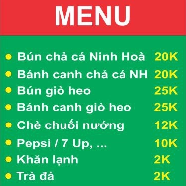 Thực đơn- Quán Ăn Cô Lý - Bánh Canh, Bún Chả Cá Ninh Hòa & Chè Chuối Nướng