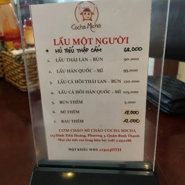 Thực đơn- Quán Ăn Cocha Micha - Quán Cơm Chảo