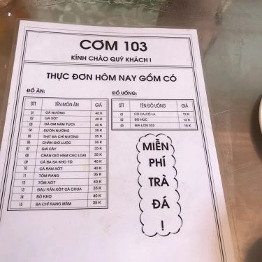 Thực đơn- Quán Ăn Cơm 103